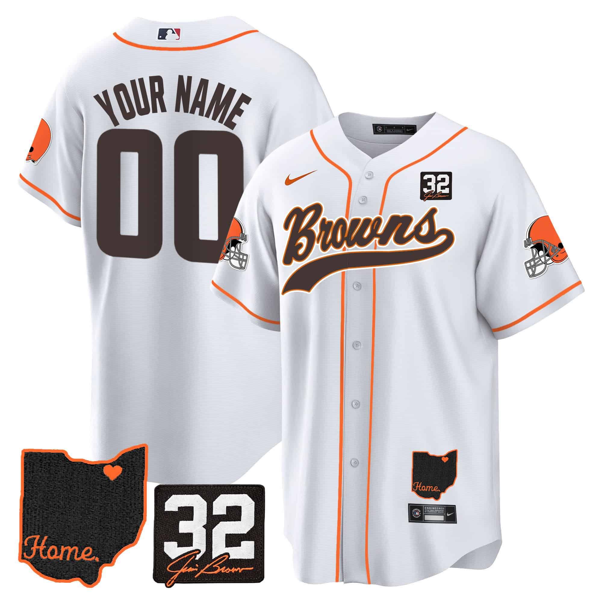 Men Cleveland Browns White 32 Jim Brown Memorial Home Patch Baseball Custom 2024 Nike NFL Jersey